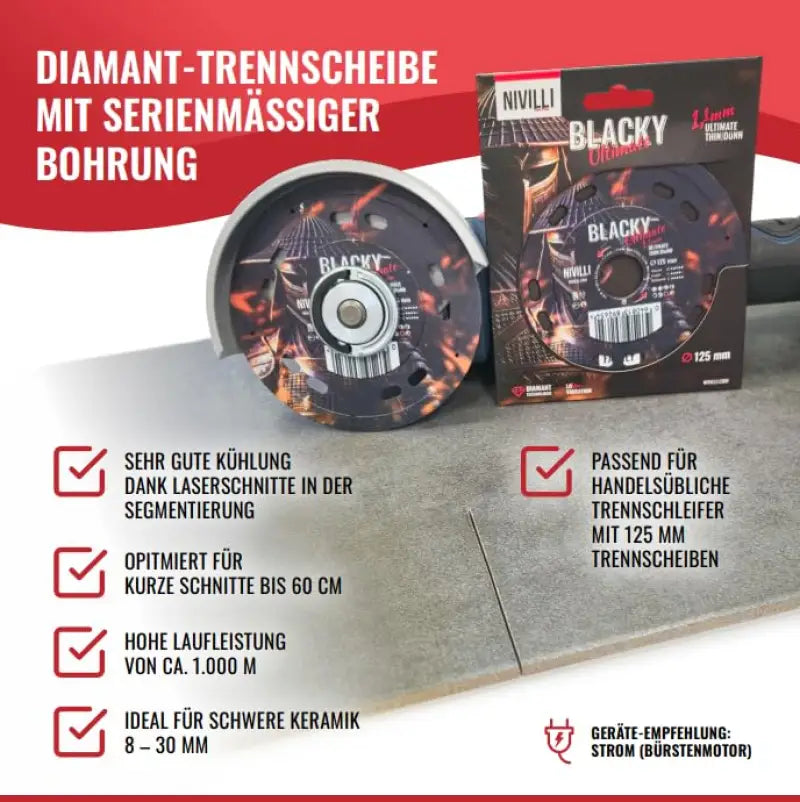 NIVILLI BLACKY - Profi-Diamanttrennscheibe 125mm für Fliesen Hartkeramik Feinsteinzeug & Natursteinplatten - Zubehör