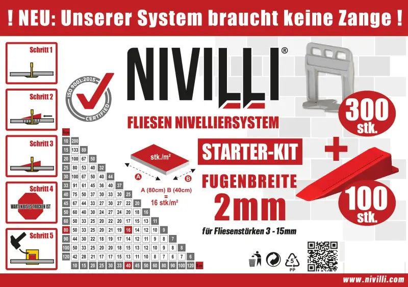 NIVILLI KEILY - Starter-Set S 2mm - 300x Laschen + 100x Keile - Nivellier-Zubehör