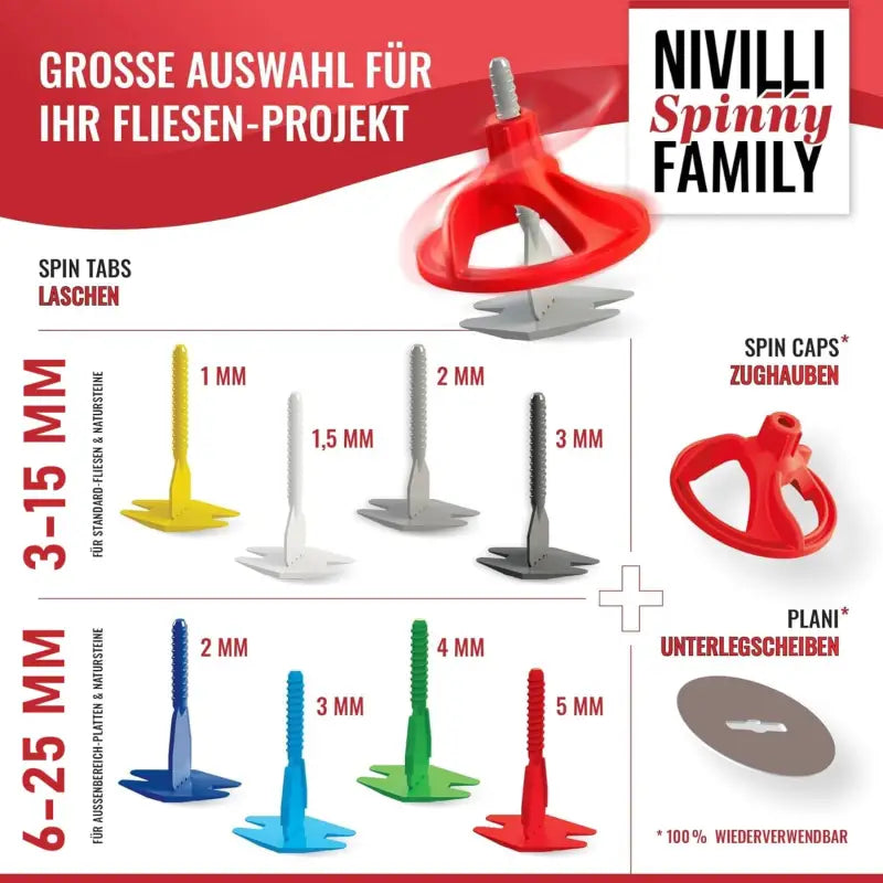 NIVILLI SPINNY PRO - Starter-Set 1,5mm (3-15mm) - 150 Spin-Tabs + 75 Spin-Caps - Nivellier-Zubehör