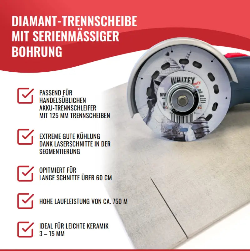 NIVILLI WHITEY - Profi-Diamanttrennscheibe 125mm für Fliesen Hartkeramik Feinsteinzeug & Natursteinplatten - Zubehör